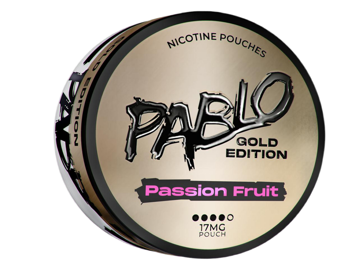 Pablo Gold Passion Fruit 17mg Nicotine Pouches, Gold Edition can with black branding and pink passion fruit label.