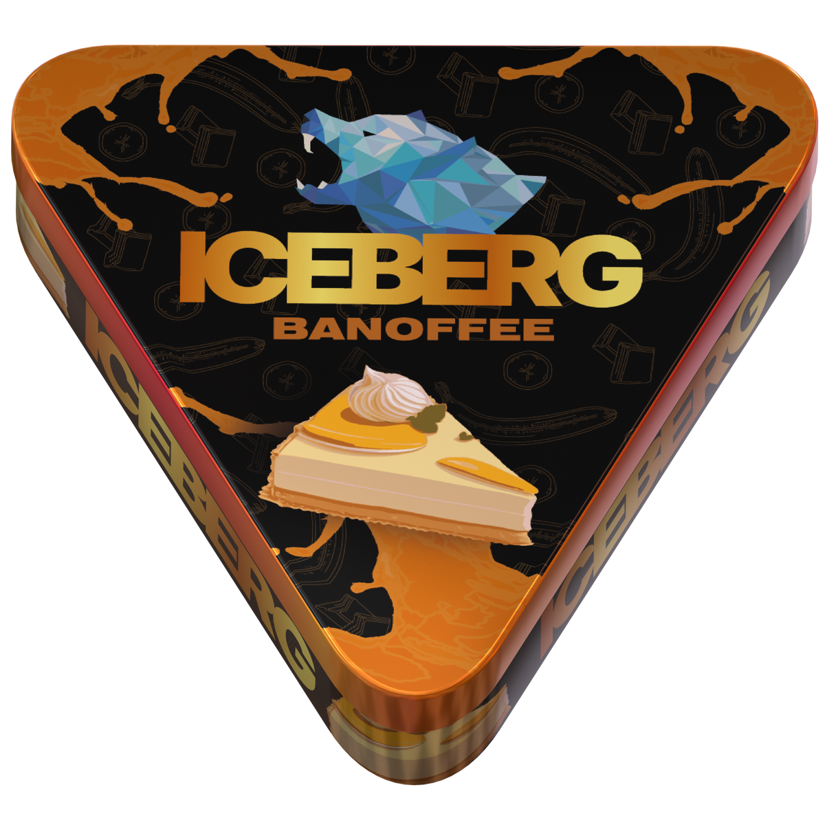 Top view of Iceberg Banoffee 40mg (50mg/g) nicotine pouches in a triangular tin with banana and caramel dessert illustrations.