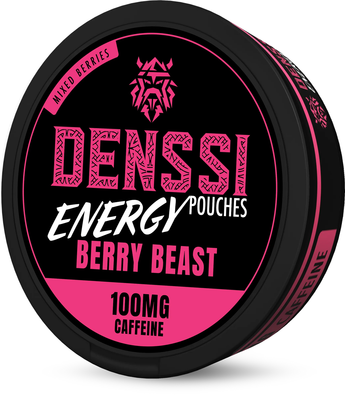 Denssi Energy Berry Beast 100mg Caffeine Pouches in a black and pink can featuring a viking logo.