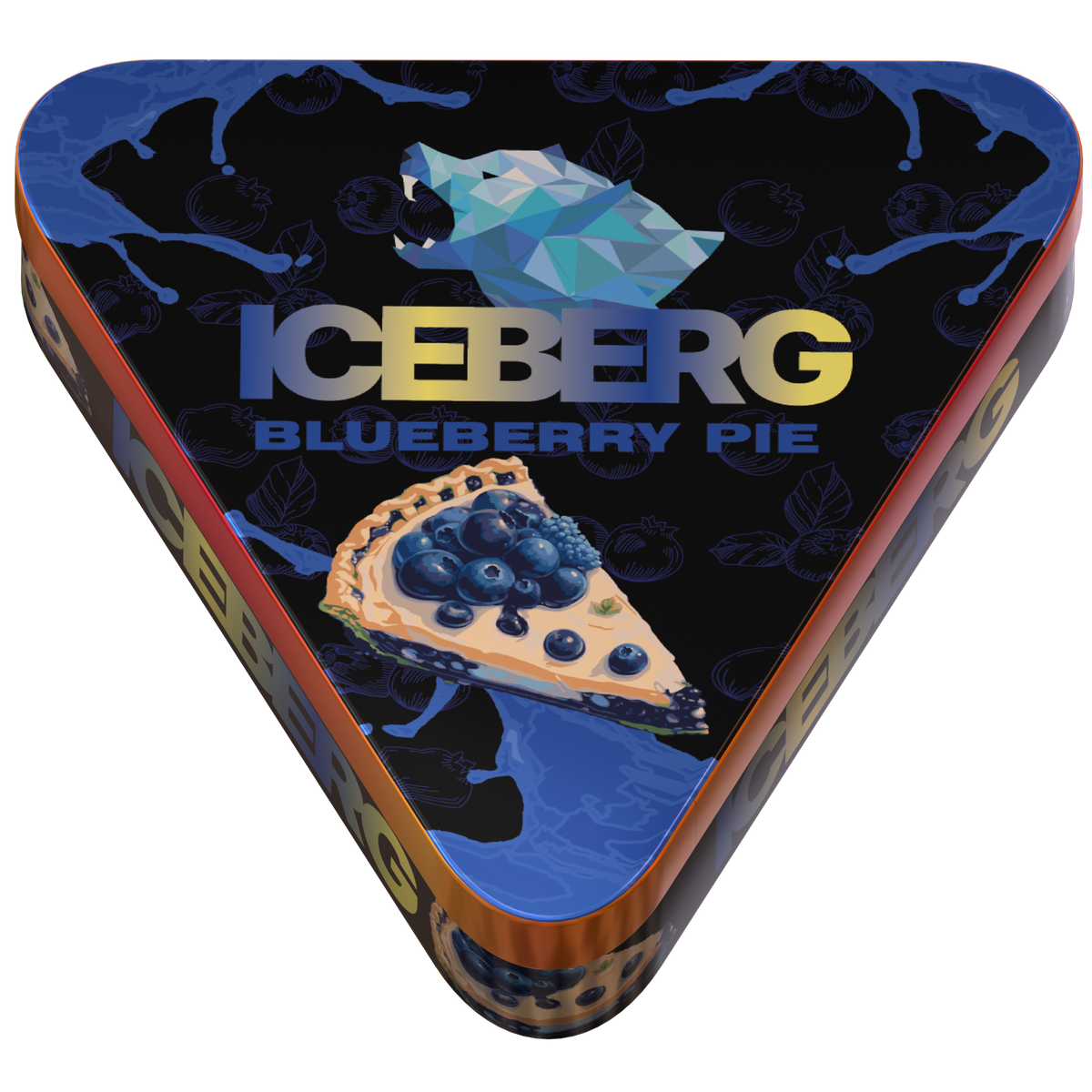 Iceberg Blueberry Pie nicotine pouches in a triangular tin featuring a slice of dessert pie and bear logo.