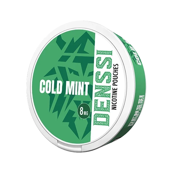 Denssi Cold Mint 8mg nicotine pouches in a green and white tin, tobacco-free all-white slim format.