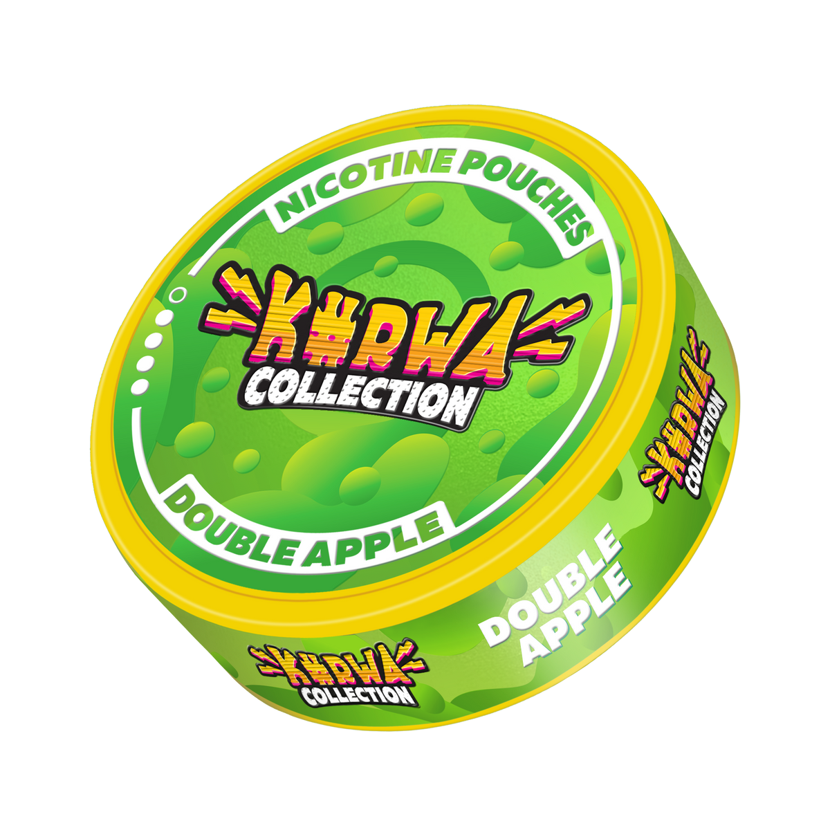 Kurwa Collection Double Apple Nicotine Pouches in a green and yellow can, side view with vibrant fruit branding.