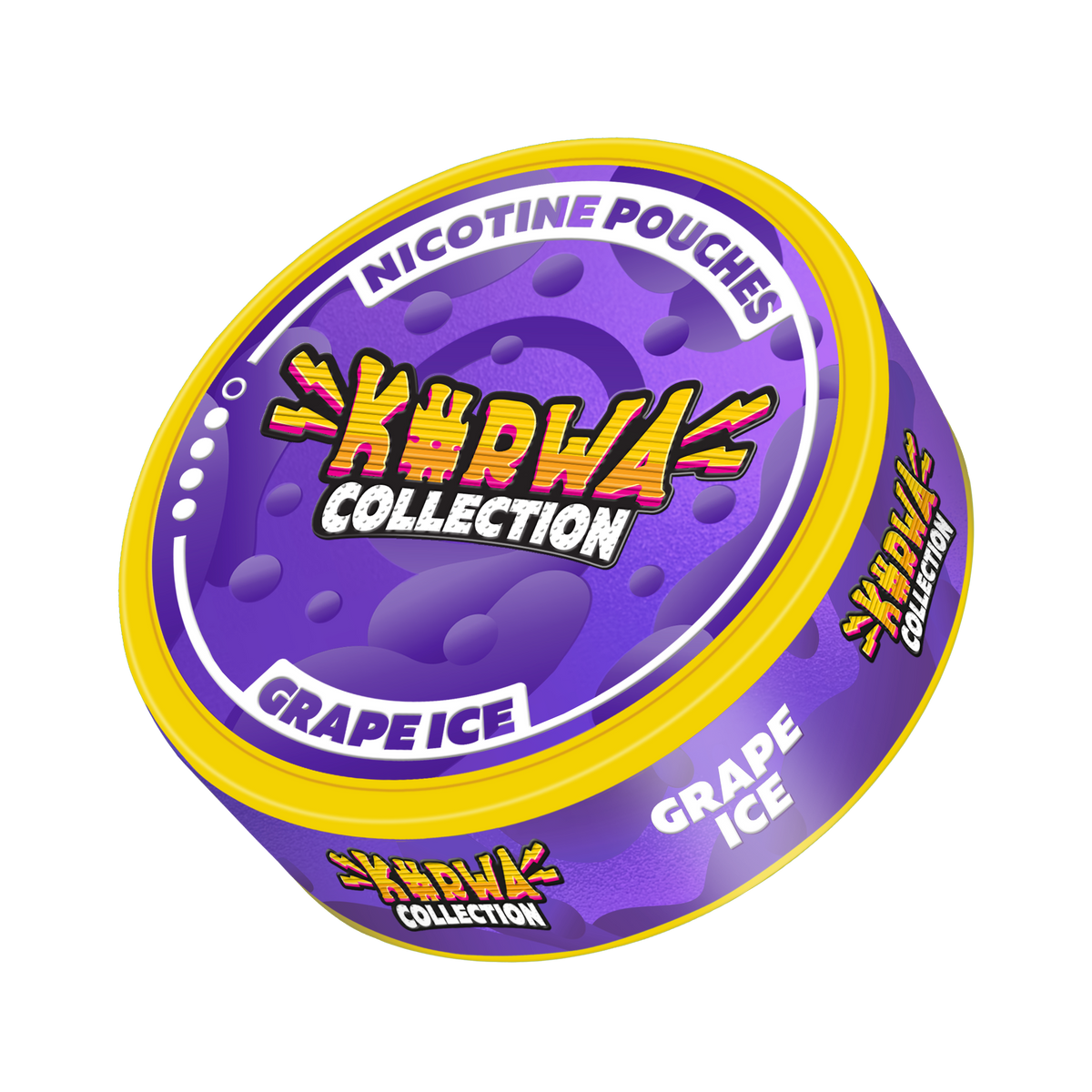 Side view of Kurwa Collection Grape Ice Nicotine Pouches in a purple and yellow can with a bold, stylized brand logo.