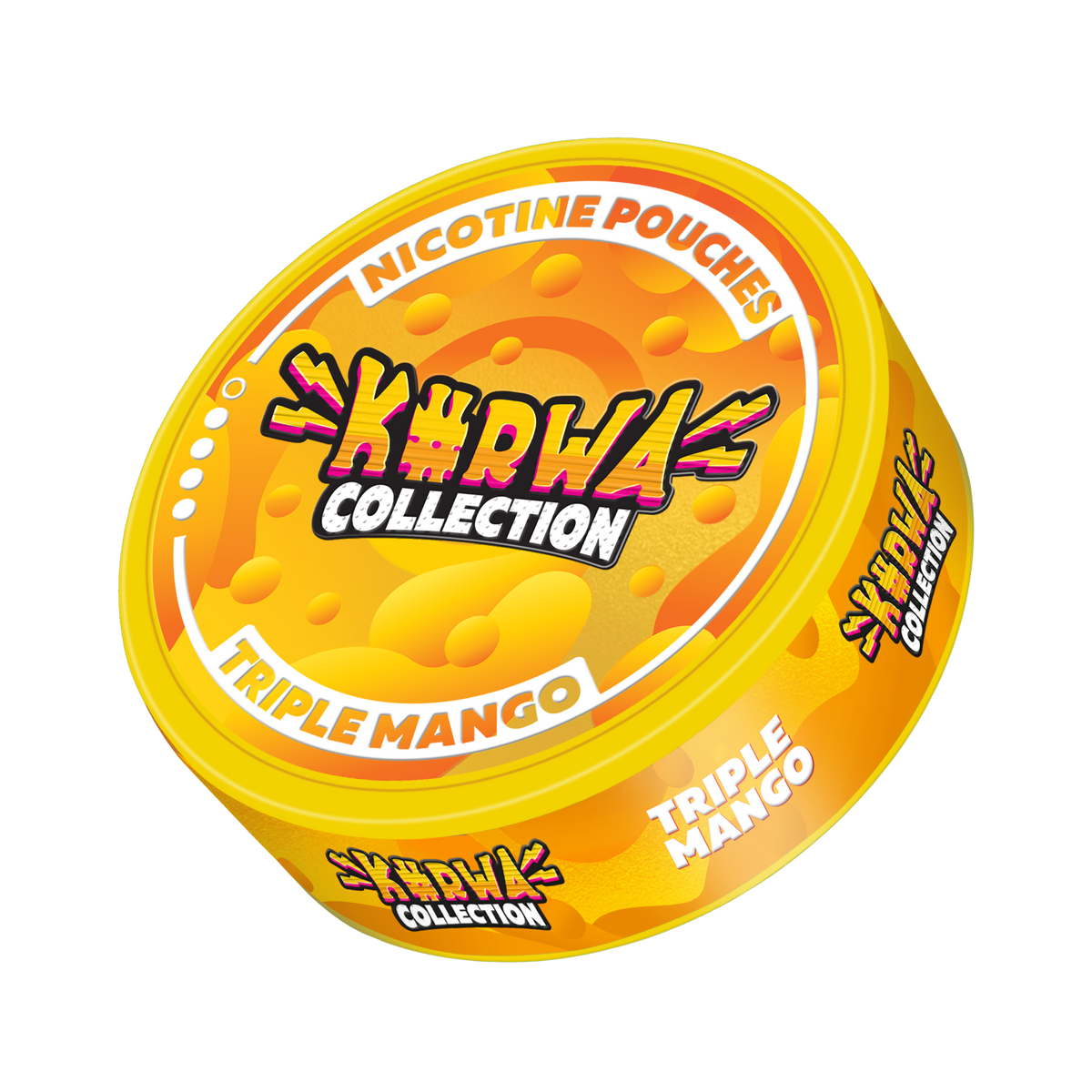 Kurwa Collection Triple Mango Nicotine Pouches, 12mg strength. Angled view of orange can with tropical mango branding.