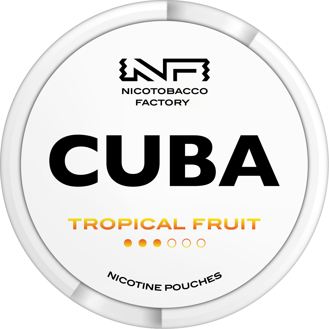 CUBA White Tropical Fruit Nicotine Pouches can with Nicotobacco Factory branding on a clean white background.