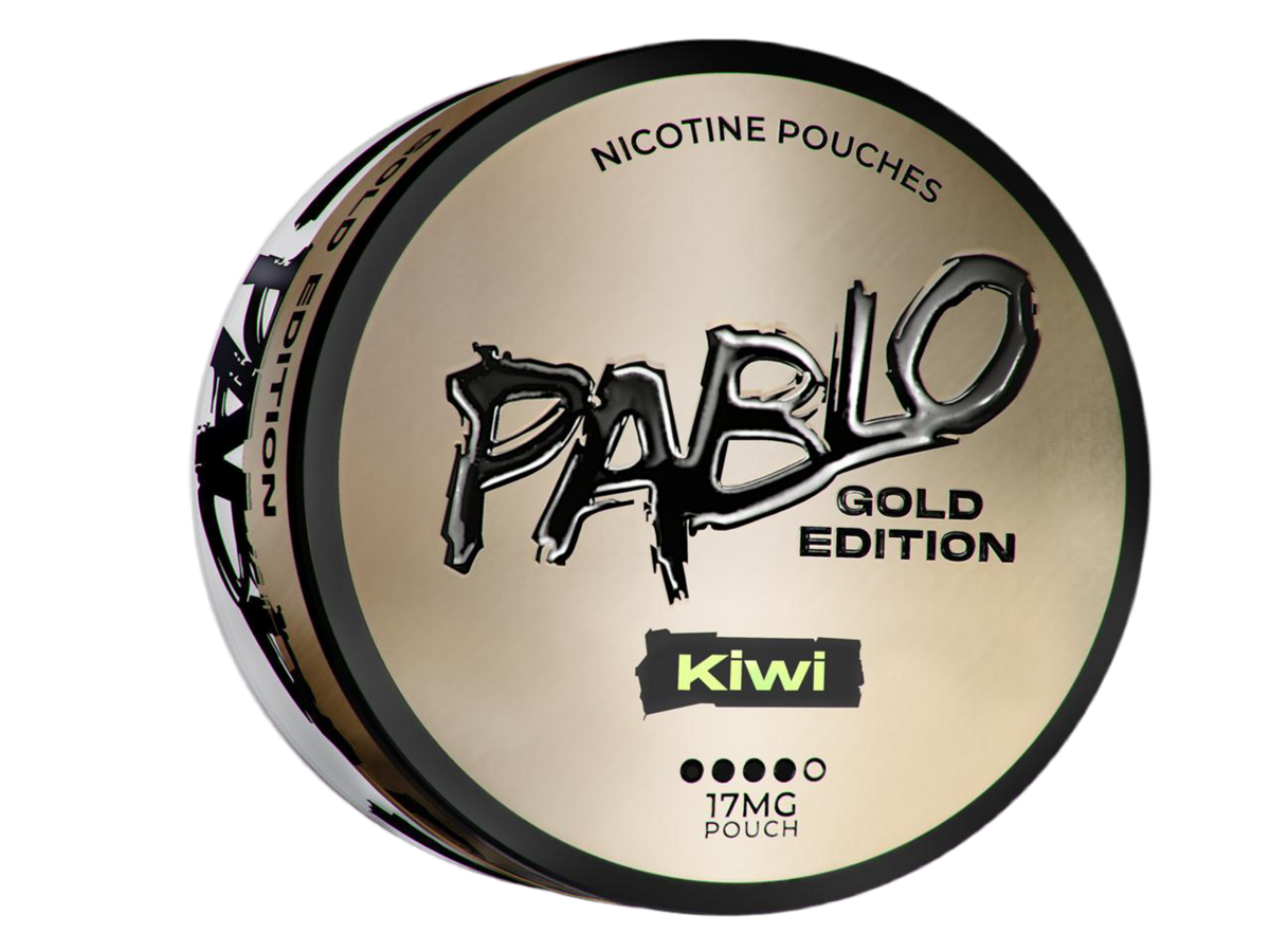 Pablo Gold Edition Kiwi nicotine pouches, 17mg strength canister with gold and black design.