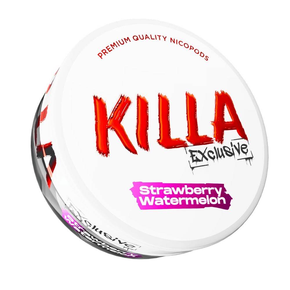 Killa Exclusive Strawberry Watermelon Nicotine Pouches can with red Killa logo on a white background.
