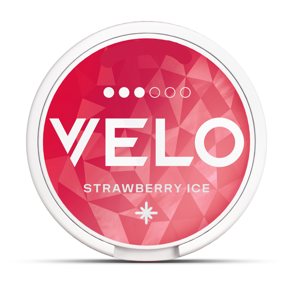 VELO Strawberry Ice 10mg Nicotine Pouches, circular can with red geometric pattern and snowflake icon.