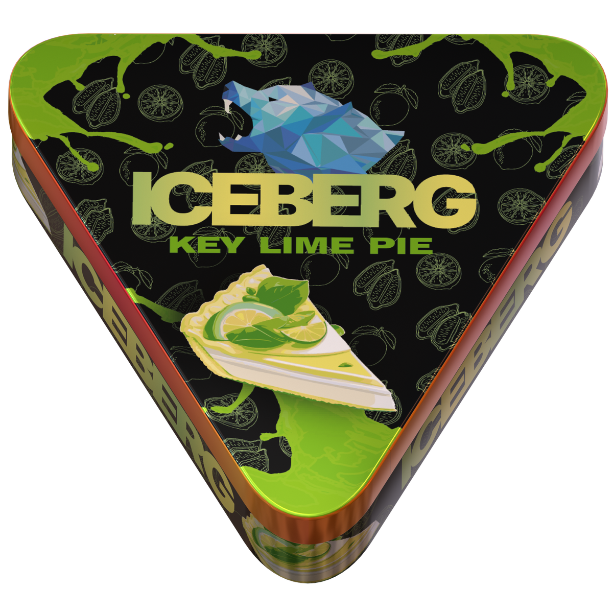 Iceberg Key Lime Pie nicotine pouches in a unique triangular tin with green citrus branding and 40mg (50mg/g) strength.