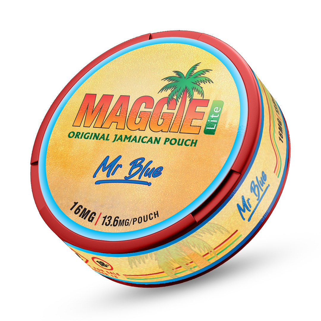 Maggie Lite Mr Blue Nicotine Pouches can showing 13.6mg strength, palm tree logo, and blue berry-blend branding.
