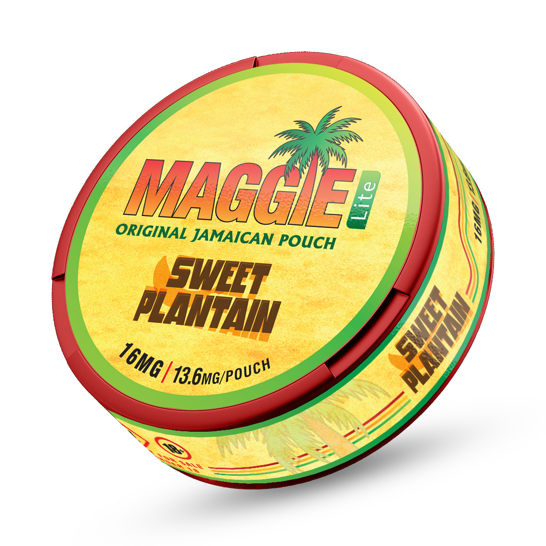 Maggie Lite Sweet Plantain Nicotine Pouches can with 13.6mg strength, original Jamaican pouch design with palm tree.