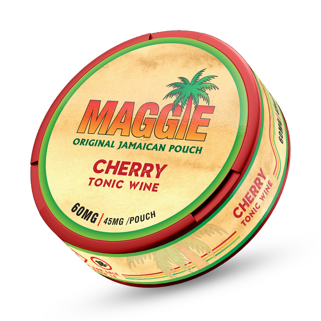 Maggie Cherry Tonic Wine Nicotine Pouches can showing 45mg strength and Jamaican palm tree design.