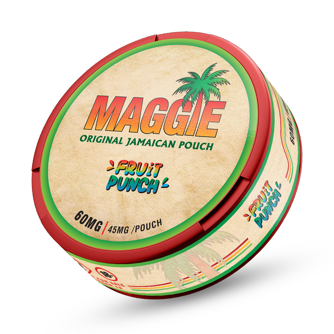 MAGGIE Fruit Punch Nicotine Pouches (45mg) with palm tree logo and tropical mixed-fruit design.