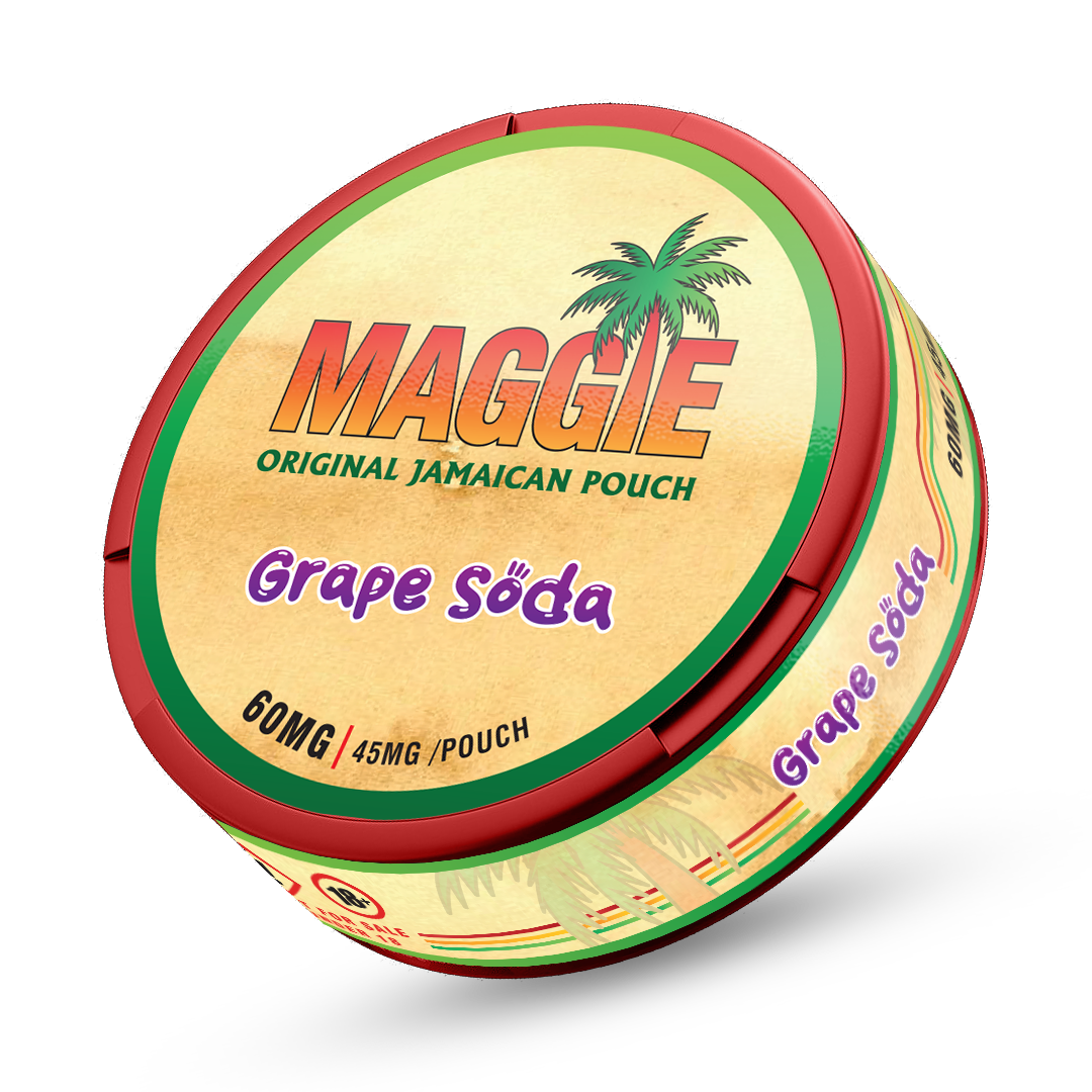 Maggie Grape Soda Tobacco-Free Nicotine Pouches, 45mg Strength Can with Original Jamaican Pouch Branding.