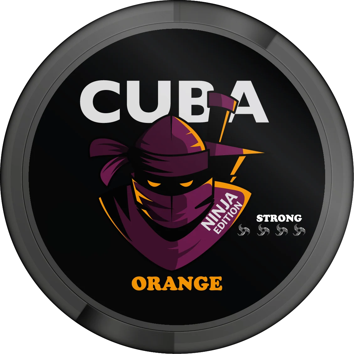 CUBA NINJA Orange Strong nicotine pouch can lid featuring a purple ninja graphic and citrus flavour branding.