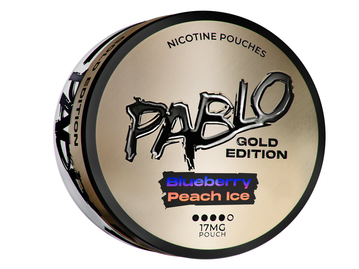 Pablo Gold Edition Blueberry Peach Ice tobacco-free snus, 17mg nicotine pouches in a premium gold and black slim can.