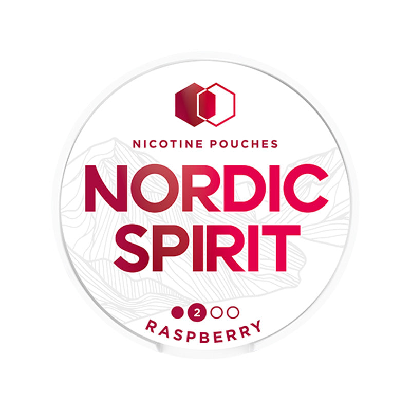 Nordic Spirit Raspberry Regular Nicotine Pouches, 6mg strength with white and red mountain design on the can lid.