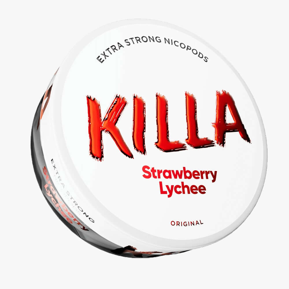 KILLA Strawberry Lychee Extra Strong Nicotine Pouches white can featuring red branding on a clean white background.