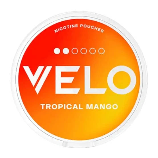 VELO Tropical Mango Nicotine Pouches can showing 6mg medium strength and orange sunset gradient packaging.