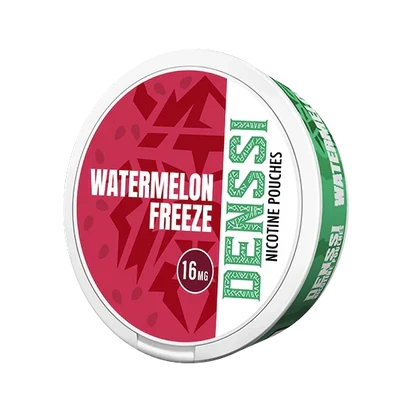 Denssi Watermelon Freeze nicotine pouch can with red and green design, featuring a 16mg strength label.