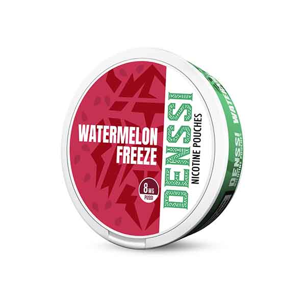 DENSSI Watermelon Freeze 8MG Nicotine Pouches can featuring red and green branding on a white background.
