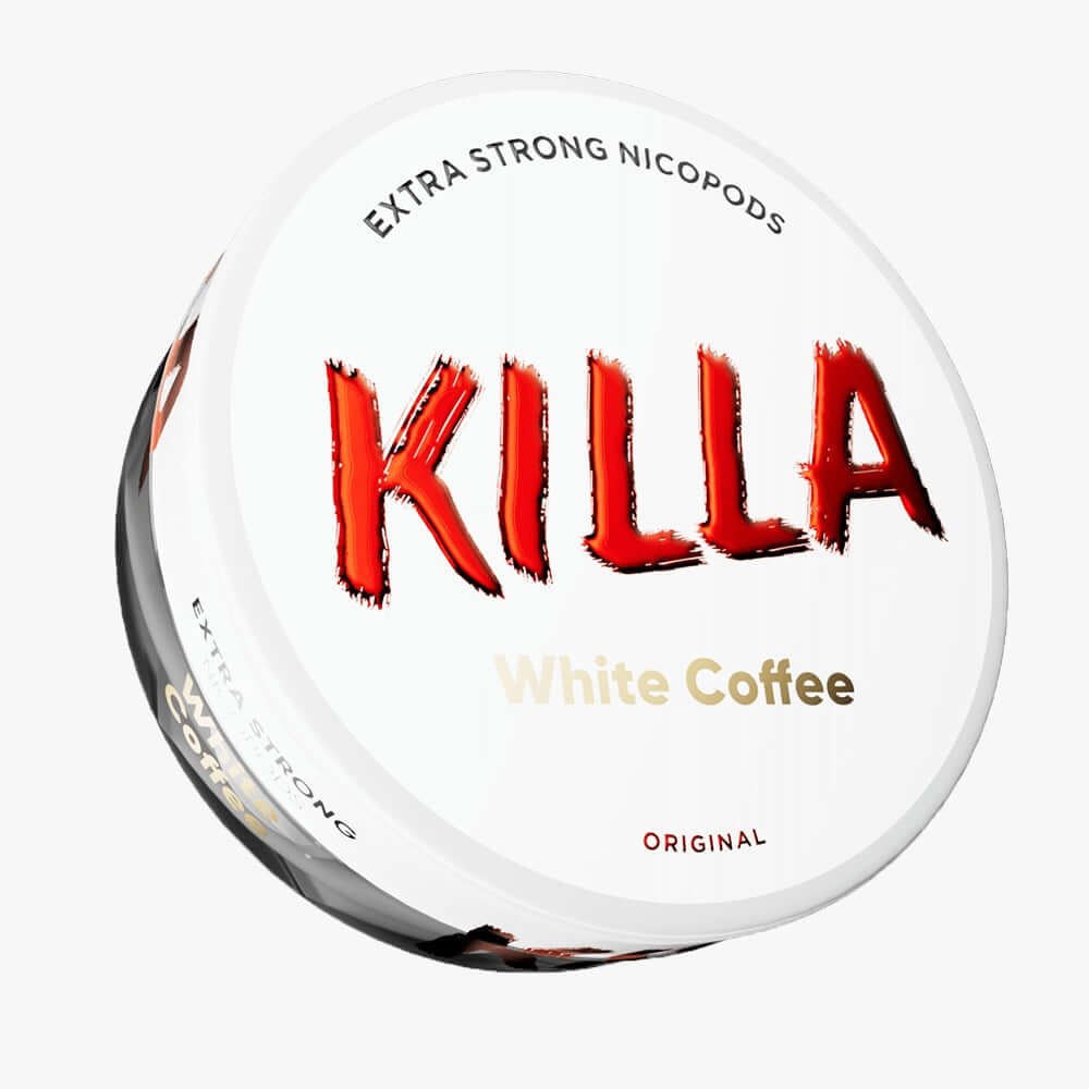 KILLA White Coffee Extra Strong Nicopods can showing the red KILLA logo on a white background, studio render view.