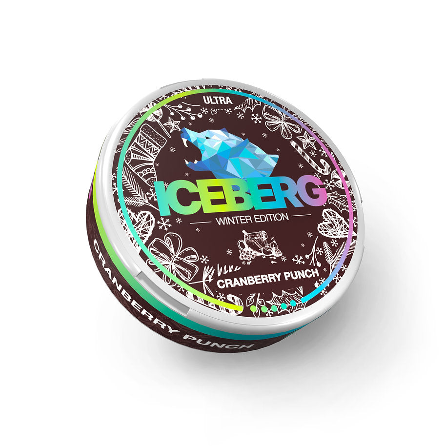 Iceberg Winter Edition Cranberry Punch Ultra Nicotine Pouches can with bear logo and 84mg (120mg/g) label.