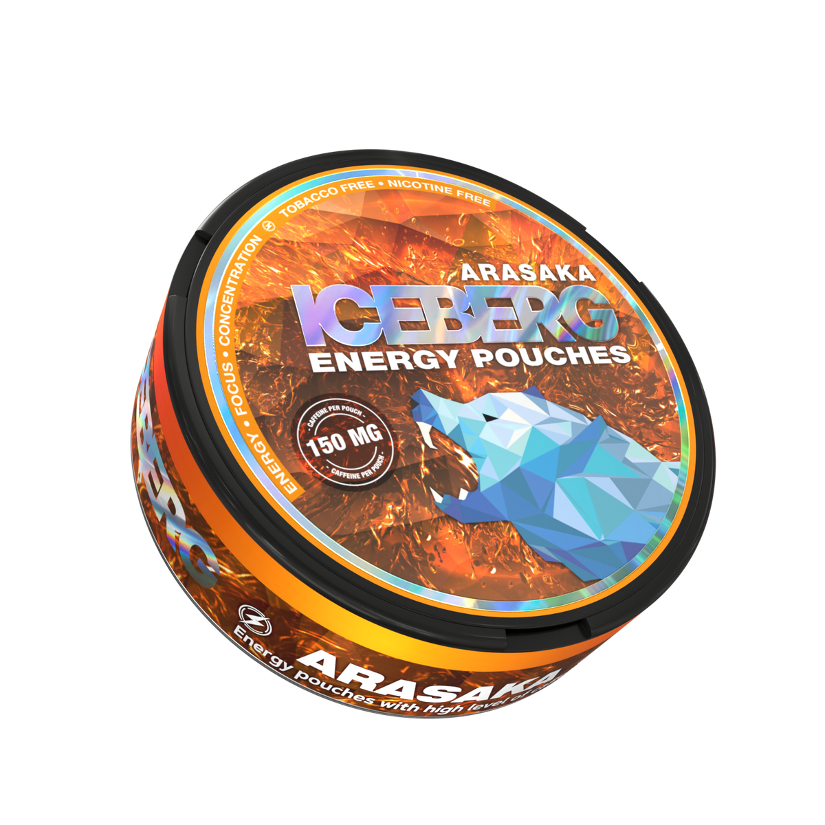 Side view of ICEBERG Arasaka 150mg energy caffeine pouches, no-nicotine, with a blue wolf design.