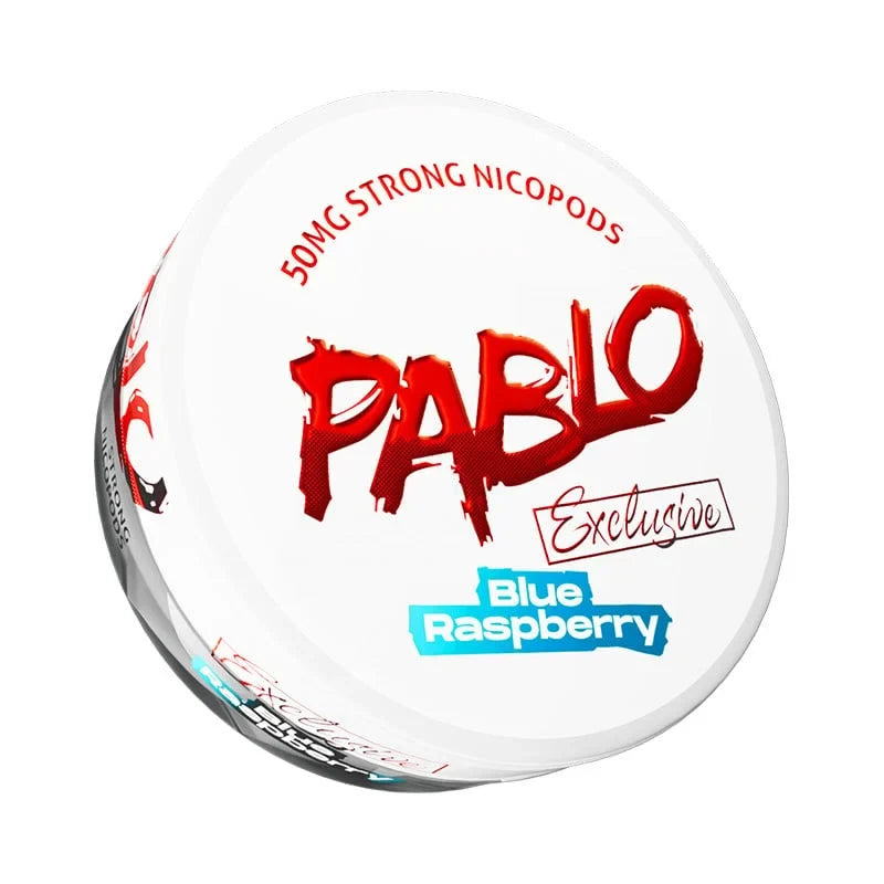 Pablo Exclusive Blue Raspberry Nicotine Pouches can, 50mg extra strong nicopods on a white background.