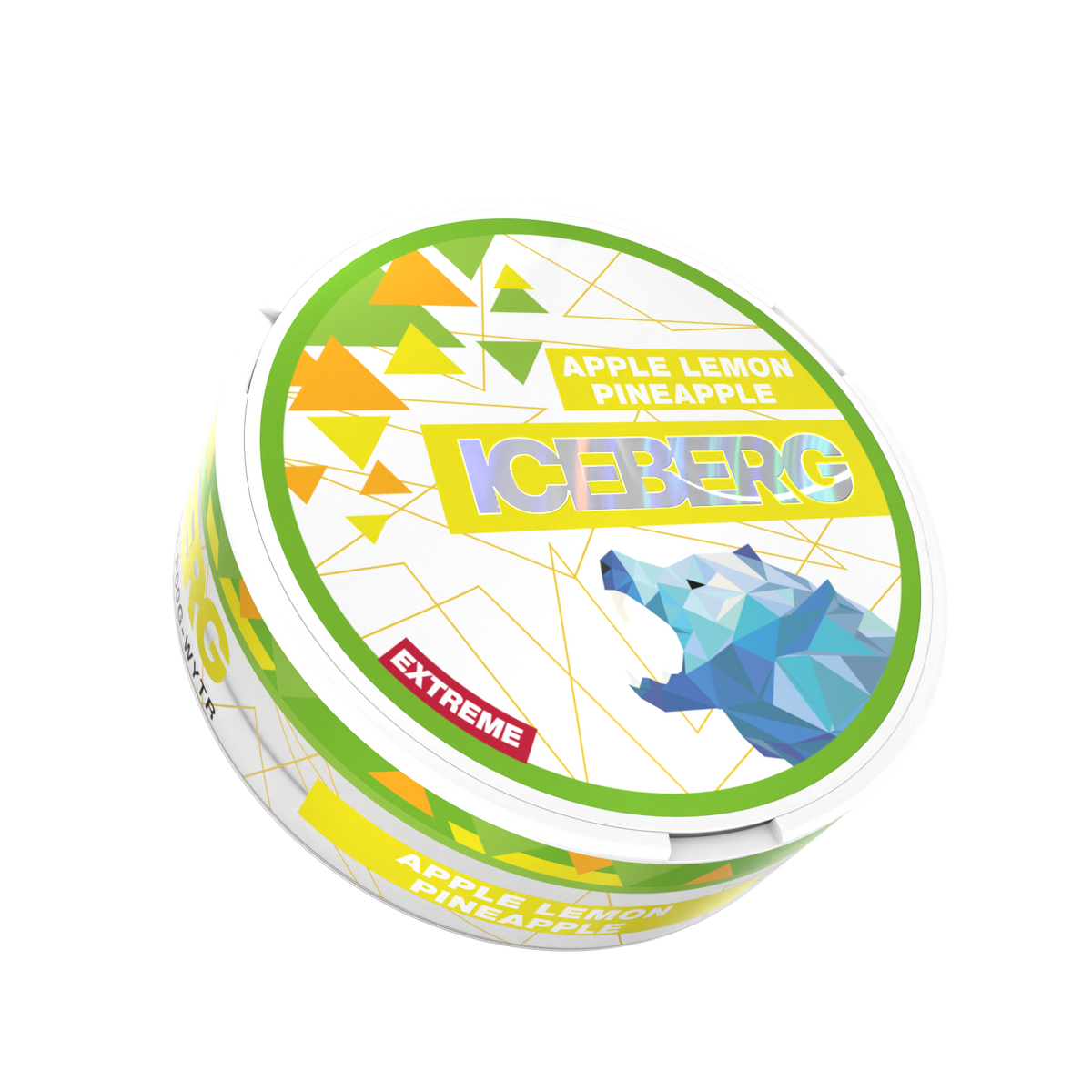 Iceberg Apple Lemon Pineapple Extreme nicotine pouches tin featuring a polar bear logo on a white background.
