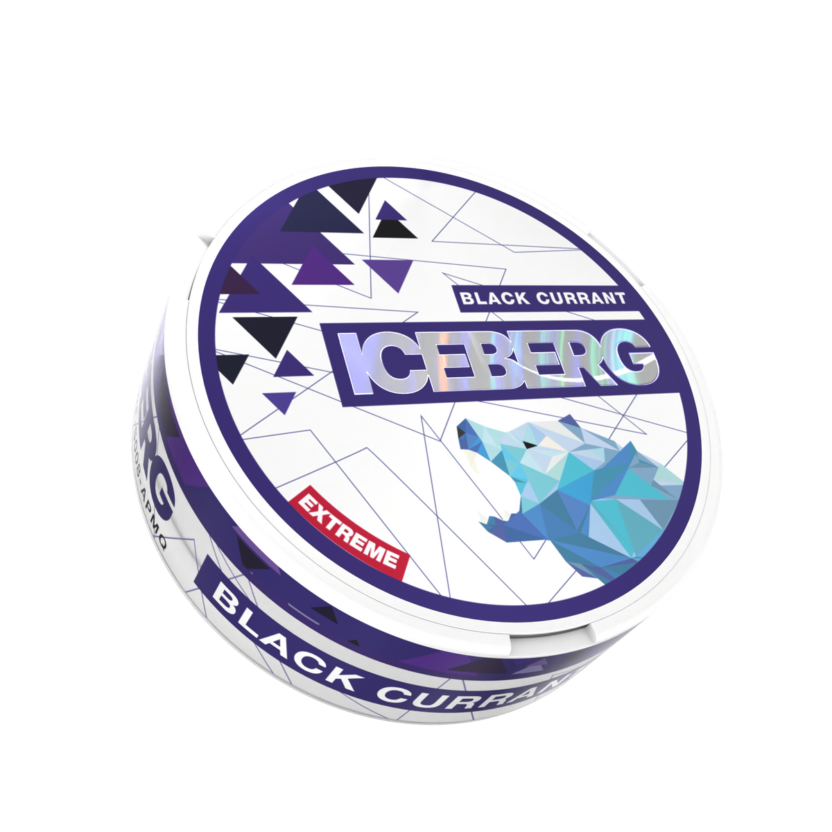 Iceberg Blackcurrant Extreme nicotine pouches in a white and purple tin with geometric bear design.