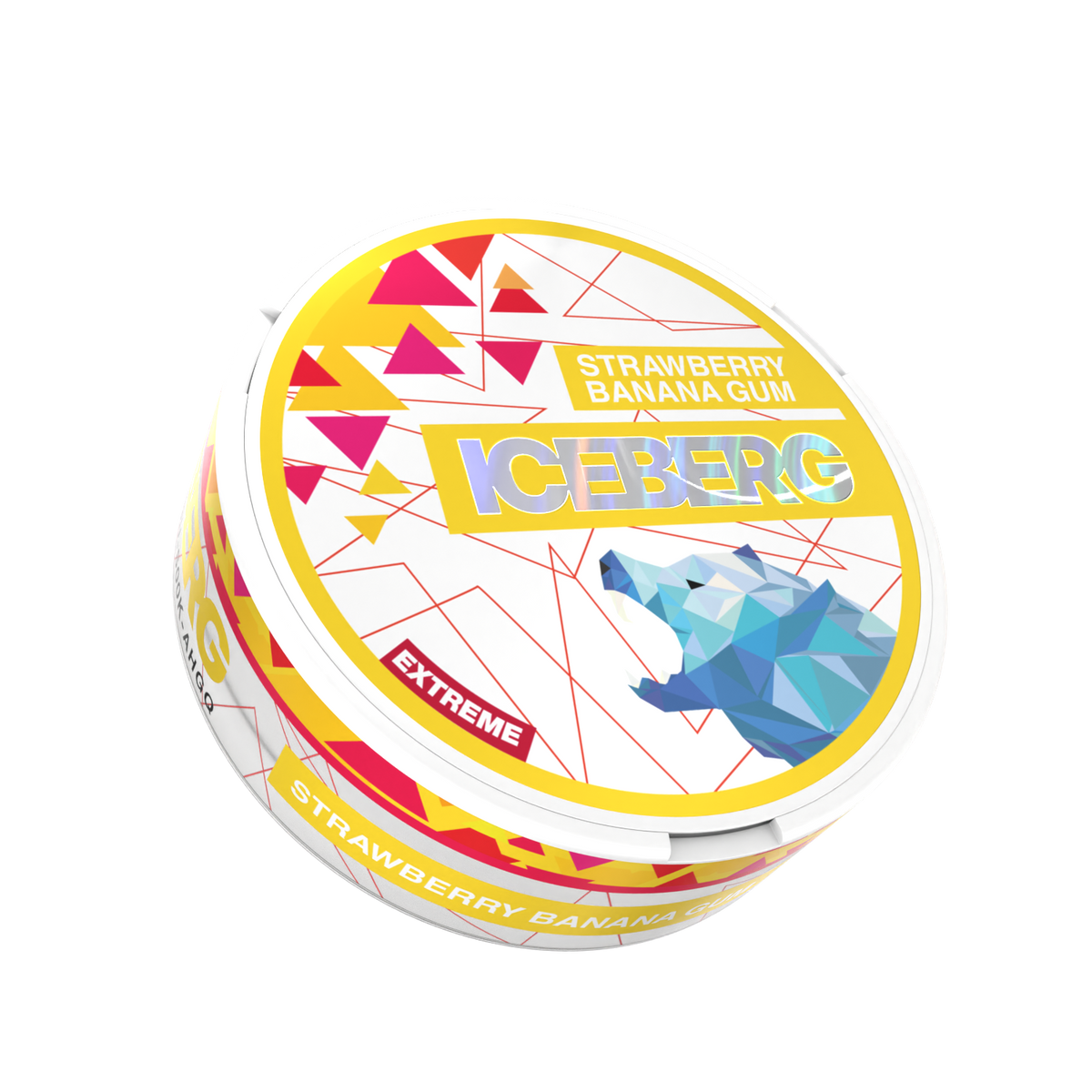 Iceberg Extreme Strawberry Banana Gum nicotine pouch can, 40mg (50mg/g) strength with polar bear and geometric fruit design.