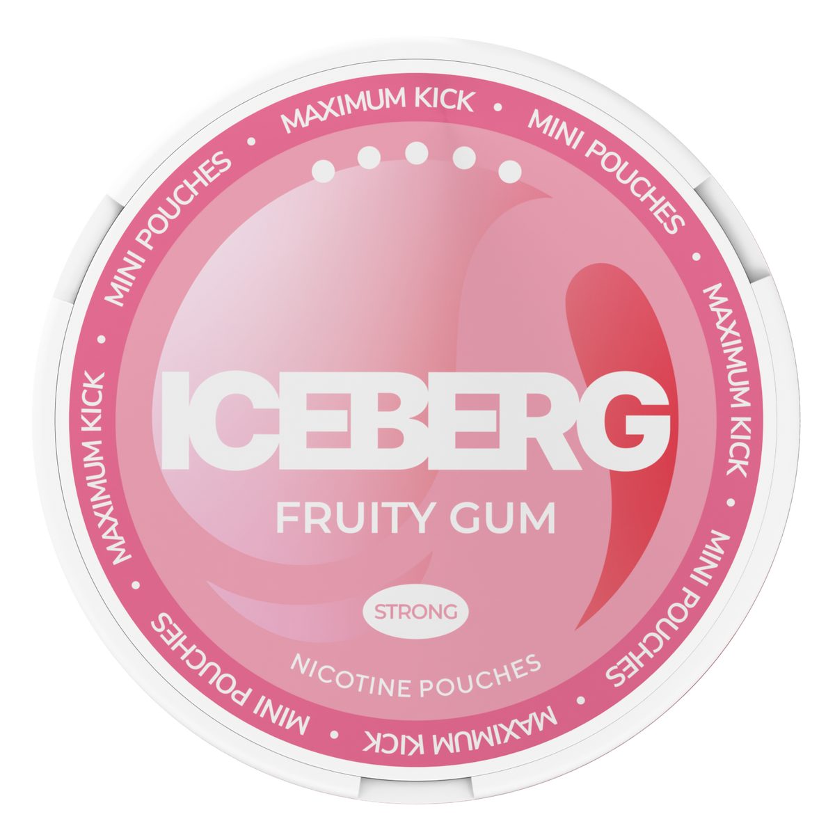 Top view of Iceberg Mini Fruity Gum Nicotine Pouches tin, 20mg (50mg/g) strong strength with pink and white branding.