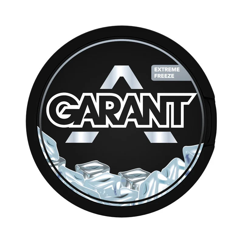 GARANT EXTREME Freeze 30.8MG (70MG/G) tobacco free nicotine pouches, in a black round can with ice cube graphics.