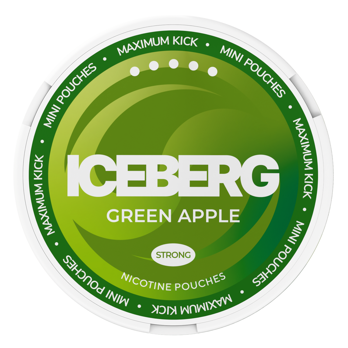 Iceberg Mini Green Apple nicotine pouches 20mg (50mg/g) strong, circular green can with Maximum Kick label.