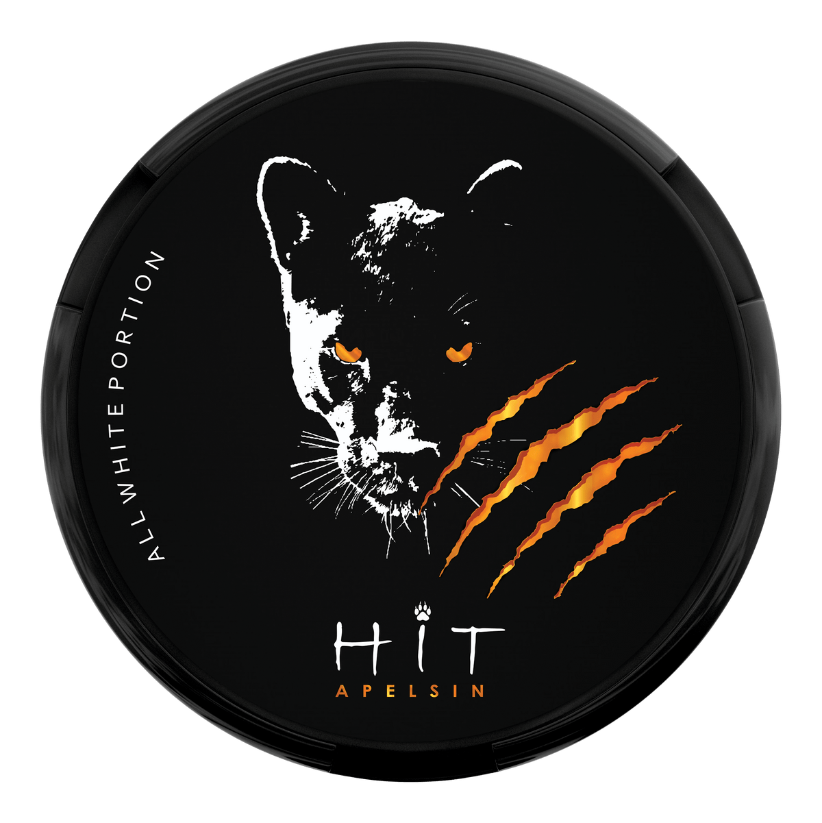 HIT Apelsin All White Nicotine Pouches can featuring an orange-eyed panther and citrus-colored claw marks.
