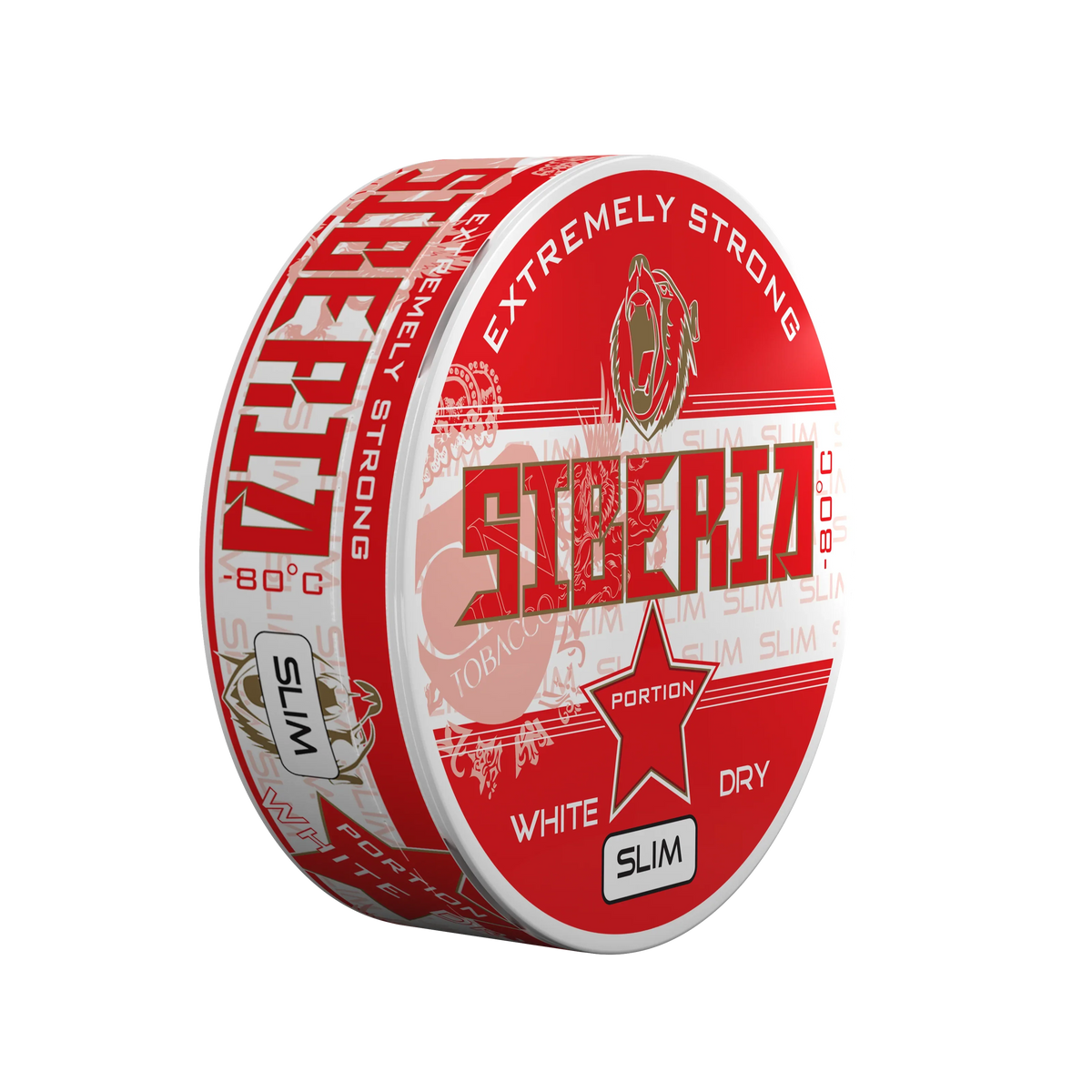 SIBERIA Slim Red White Dry tobacco chew bags in a red and white round can with a bear logo