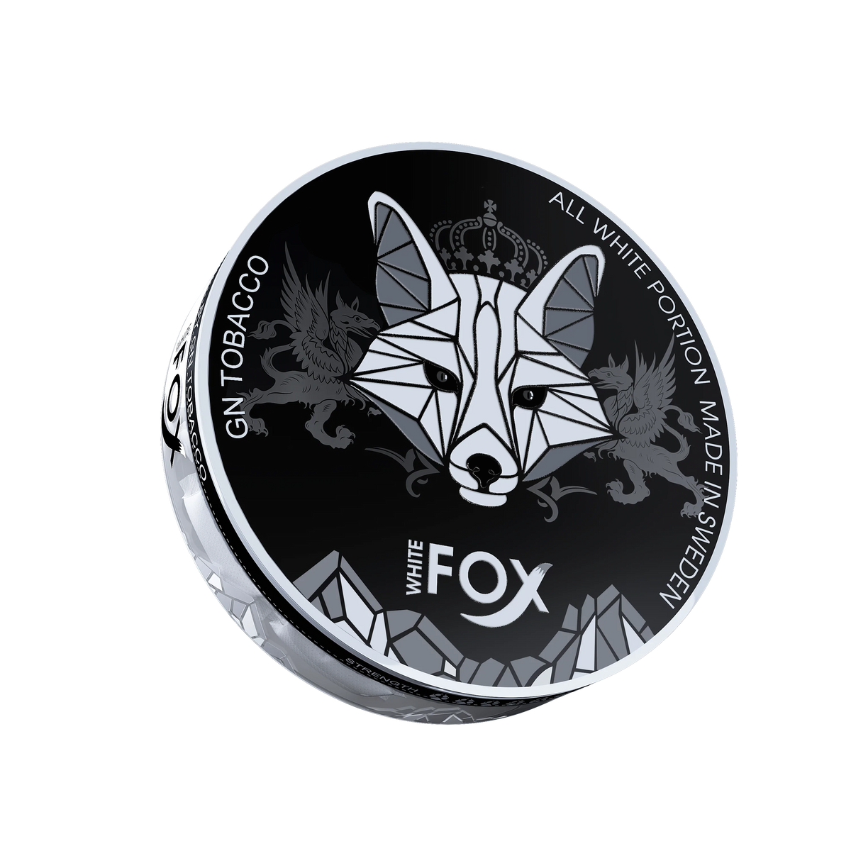 White Fox Black All White Nicotine Pouches tin with geometric fox logo and bold mint flavor branding.