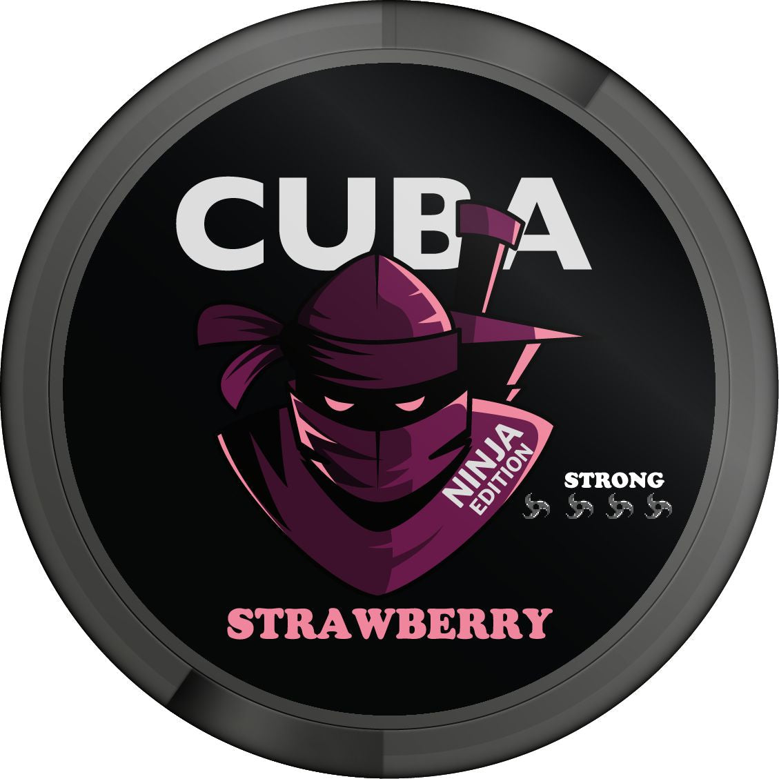 Cuba Ninja Strawberry Strong Nicotine Pouches Ninja Edition black can with purple ninja illustration.