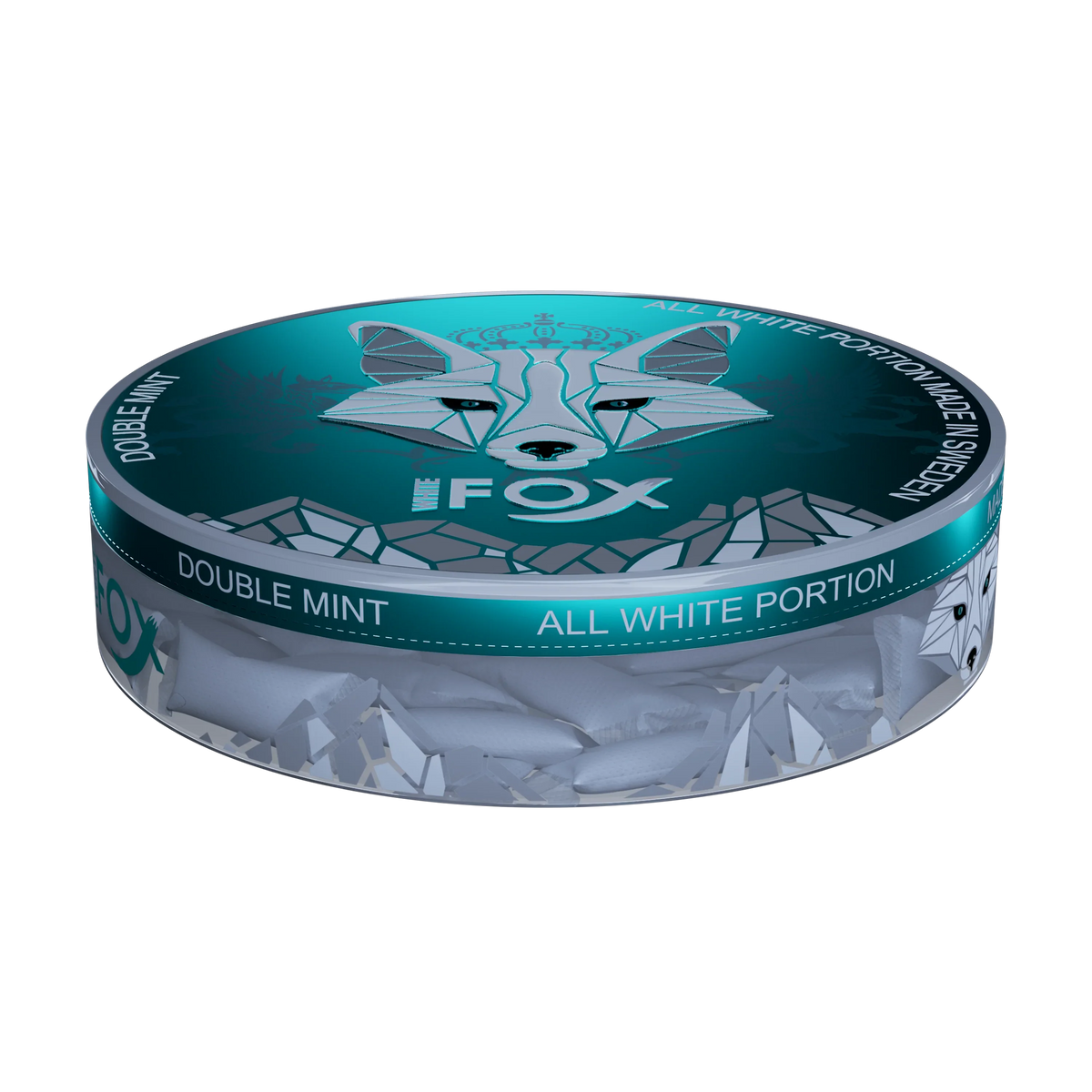 White Fox Double Mint slim nicotine pouches in a 12mg teal and silver can, showing tobacco-free all-white portions.