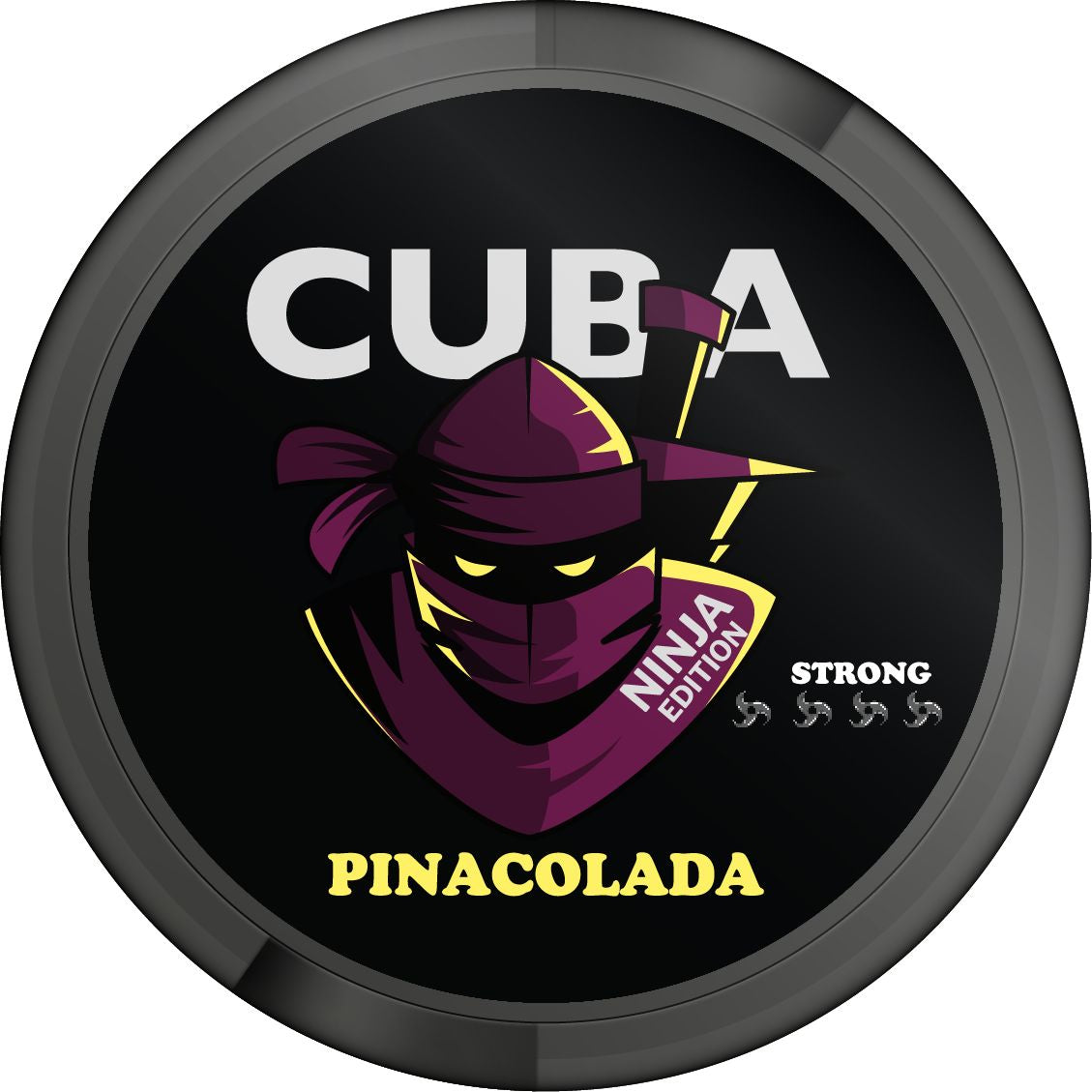 CUBA NINJA Pina Colada Strong Nicotine Pouches can with purple ninja graphics and tropical pineapple coconut flavor.