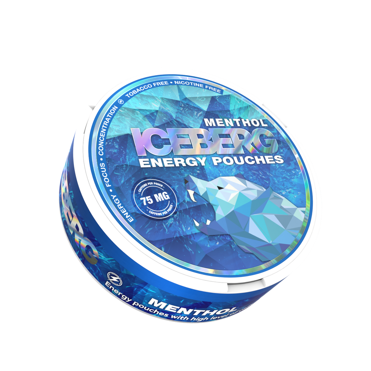 Iceberg Energy Menthol 75mg caffeine pouches can featuring a geometric polar bear and blue holographic label.