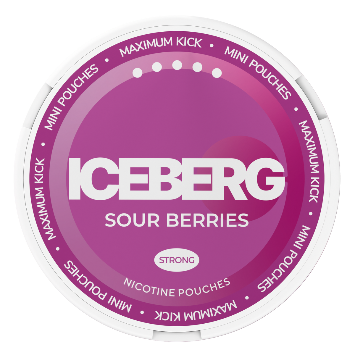 Iceberg Mini Sour Berries Strong Nicotine Pouches can top view. Tobacco free snus alternative with 20mg (50mg/g) strength.