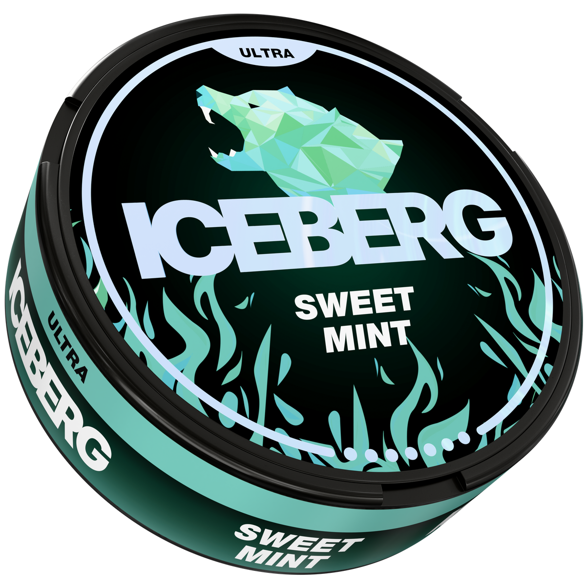 Iceberg Ultra Sweet Mint 56mg (70mg/g) Nicotine Pouches can with polar bear logo, side and top view.