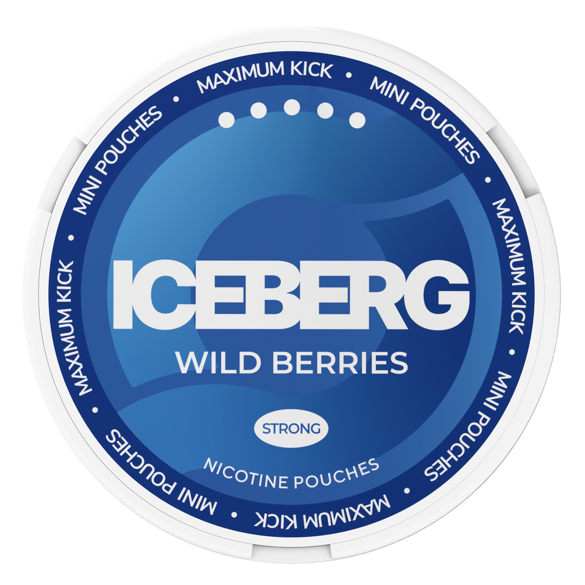 Top view of Iceberg Wild Berries Strong Mini Nicotine Pouches can with blue label and maximum kick design.