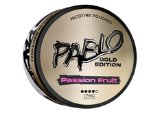 Pablo Gold Passion Fruit 17mg Nicotine Pouches, Gold Edition can with black branding and pink passion fruit label.