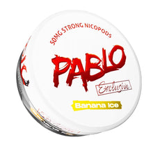 PABLO Exclusive Banana Ice 50mg extra strong nicotine pouches in a white and red circular can.