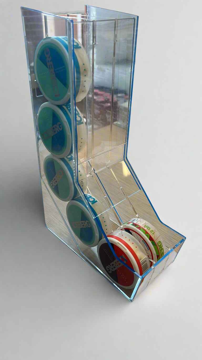 3x5 Nicotine Pouch Tower Stand in clear acrylic holding nicotine pouch cans