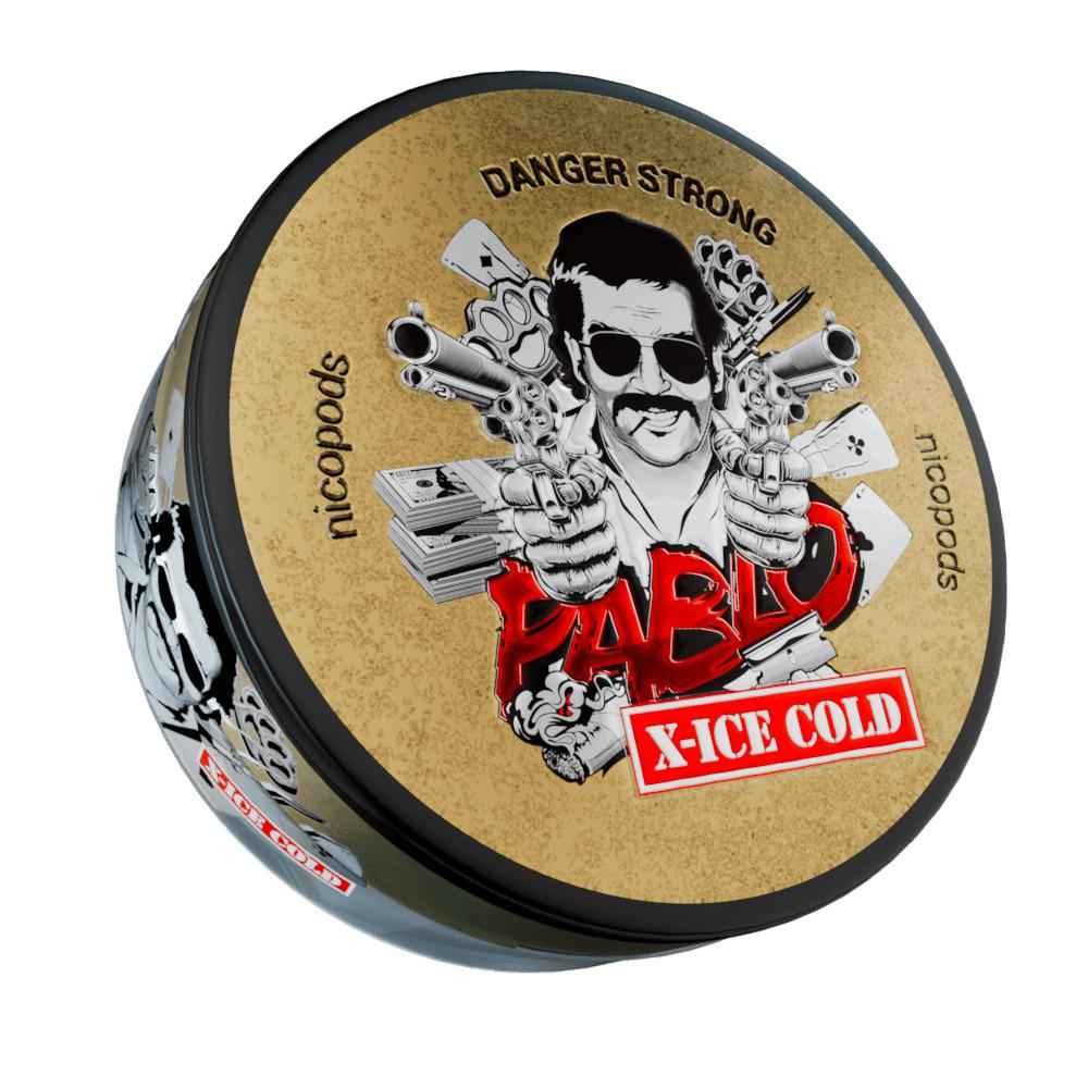 PABLO X Ice Cold Nicotine Pouches can with Danger Strong label and tobacco-free nicopods branding.