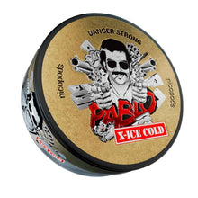 PABLO X Ice Cold Nicotine Pouches can with Danger Strong label and tobacco-free nicopods branding.